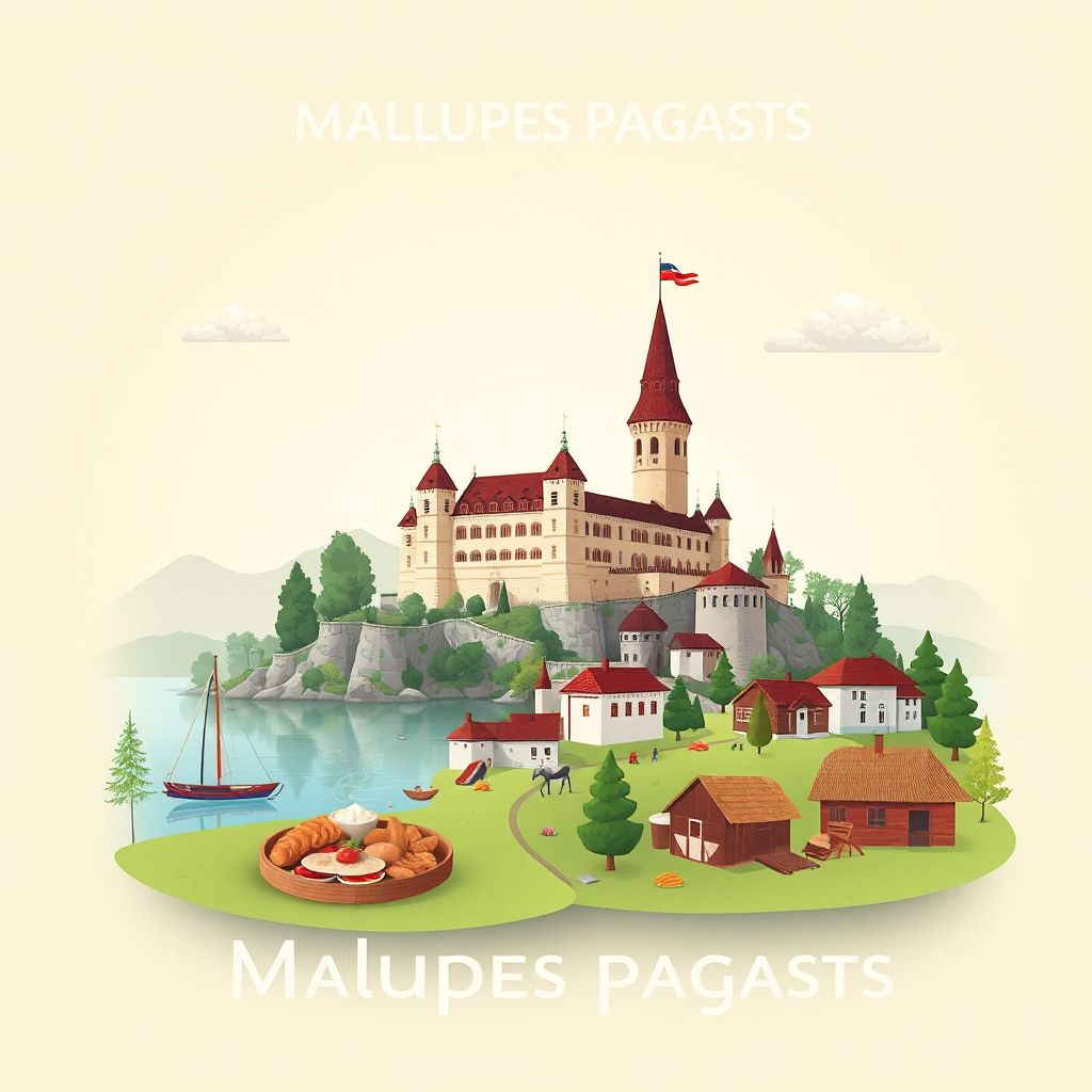 Ultra-high-definition gradient illustration style Malupes pagasts illustration, showing the unique charm of the Aluksne Castle, the Lake Aluksne, and the local traditional Latvian cuisine.