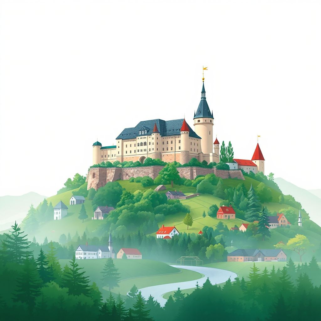Ultra-high-definition gradient illustration style Brigu pagasts illustration, showing the unique charm of the Ludza Castle and the Eastern Latgale Biosphere Reserve.