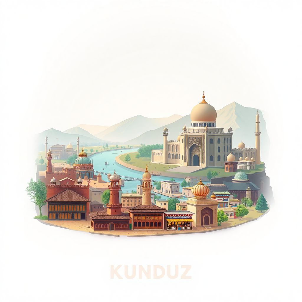 Ultra-high-definition gradient illustration style Kunduz illustration, showing the unique charm of the Kunduz River and traditional Afghan architecture.