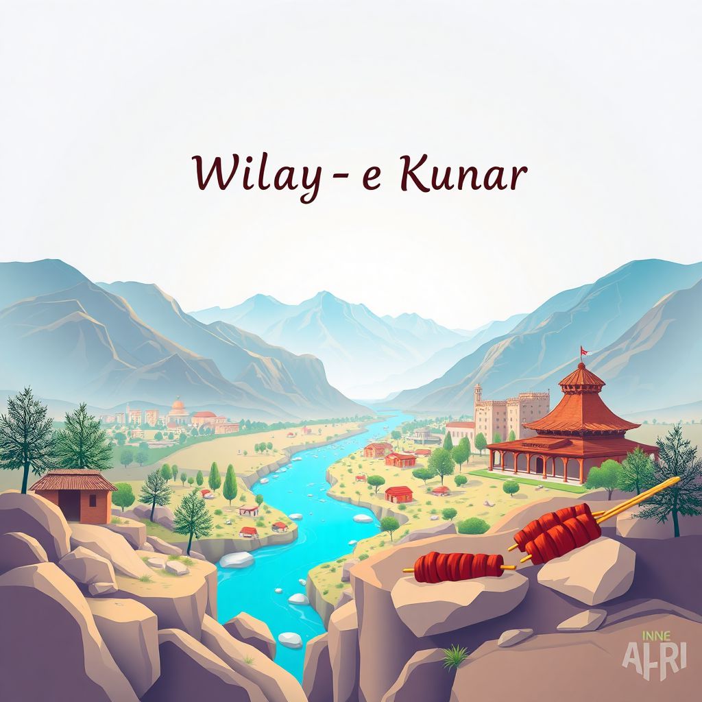Ultra-high-definition gradient illustration of Wilayat-e Kunar, Kunar, Afghanistan, featuring the Kunar River, Nuristan Valley, and traditional Afghan kebabs.