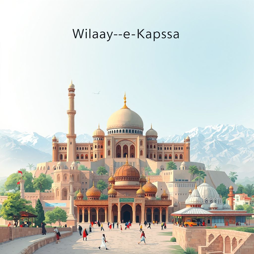 Ultra-high-definition gradient illustration style Wilayat-e Kapisa illustration, showcasing the historic Mahmud-i Raqi, vibrant bazaars, and the scenic Panjshir Valley.