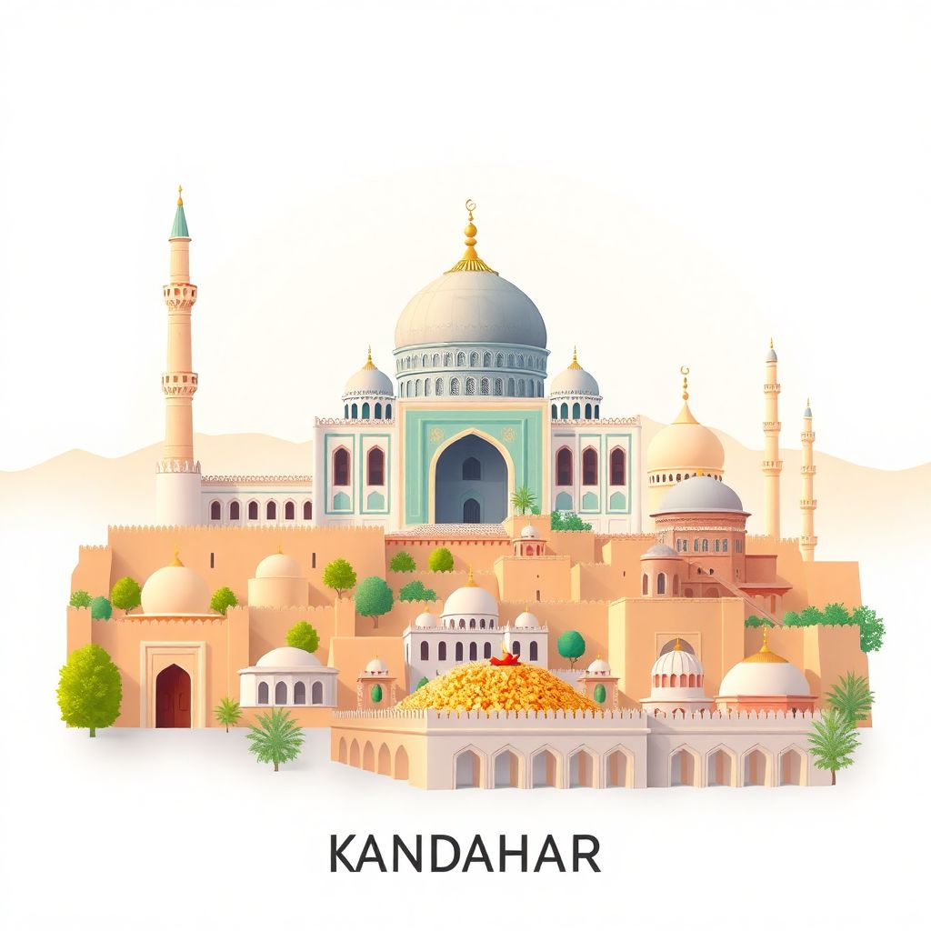 Ultra-high-definition gradient illustration style Kandahar illustration, showing the Mausoleum of Ahmed Shah Durrani, the Friday Mosque, and historic city walls.