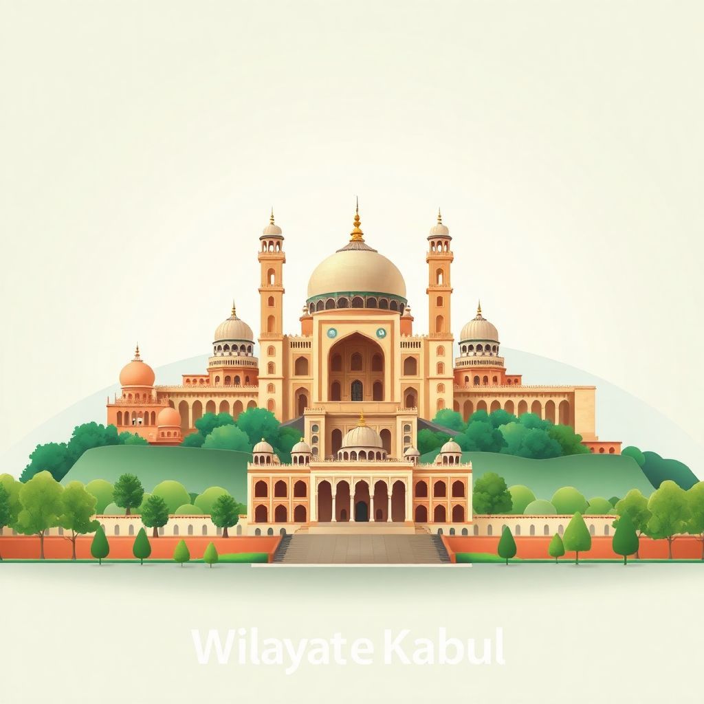 Ultra-high-definition gradient illustration style Wilayat-e Kabul illustration, showing the unique charm of the Gardens of Babur and the Kabul Museum.