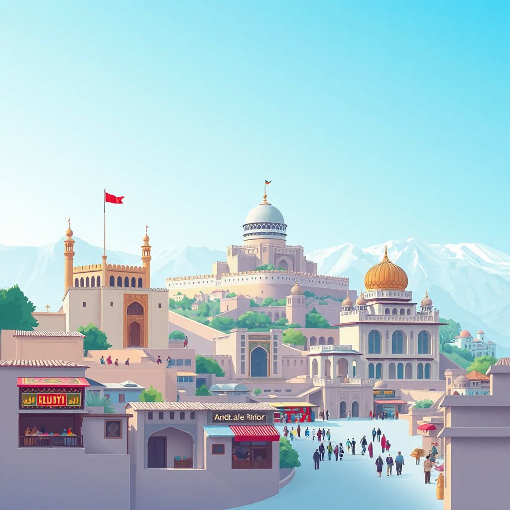 Ultra-high-definition gradient illustration style Wilayat-e Jowzjan illustration, showing the unique charm of Darwaz-e Qusar, Band-e Amir, and local bazaars.
