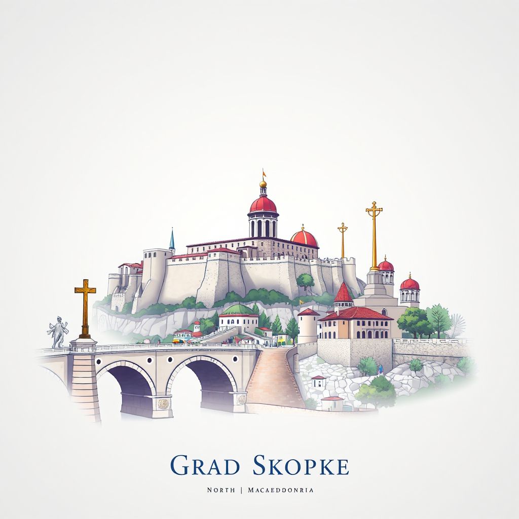 Ultra-high-definition gradient illustration style Grad Skopje, North Macedonia illustration, showing the unique charm of the Skopje Fortress, the Stone Bridge, and the Millennium Cross.
