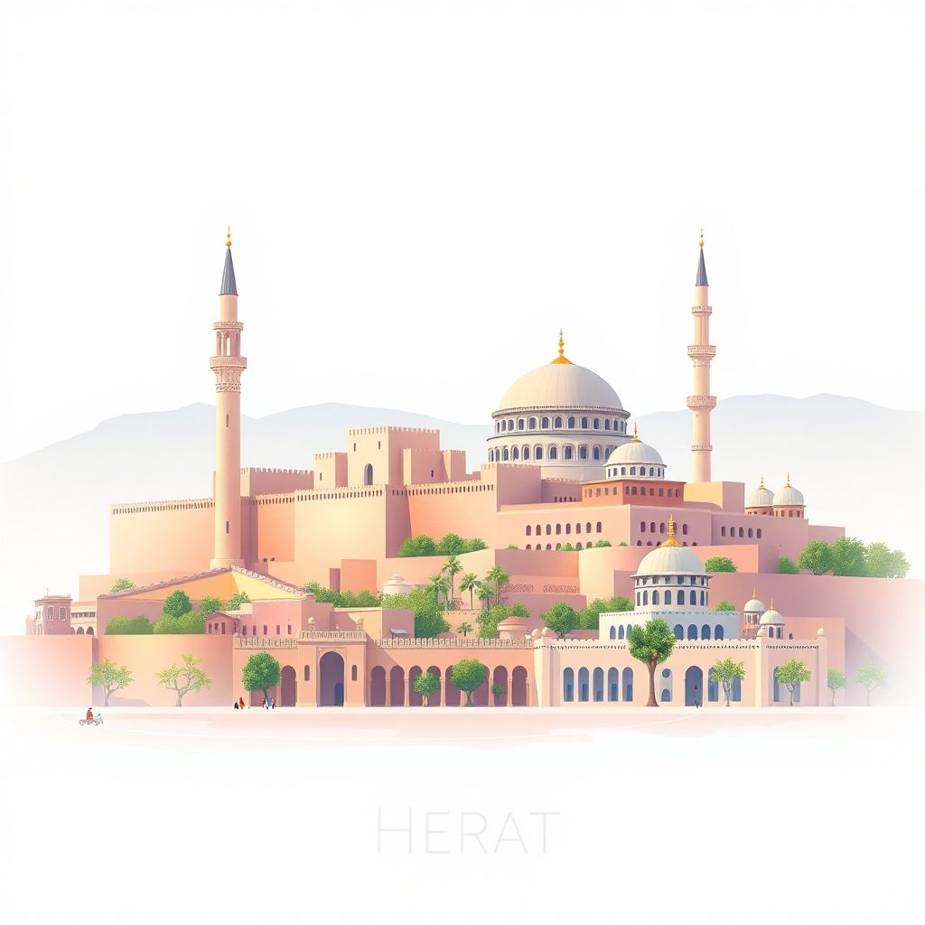 Ultra-high-definition gradient illustration of Herat, Afghanistan, featuring the Citadel of Herat and the Friday Mosque.