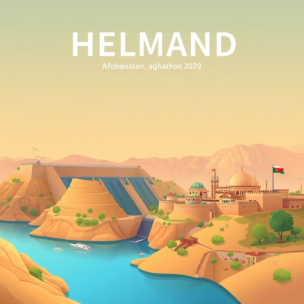 Ultra-high-definition gradient illustration style Helmand, Afghanistan illustration, showing the unique charm of the Kajaki Dam, the historic town of Lashkar Gah, and Bolani.