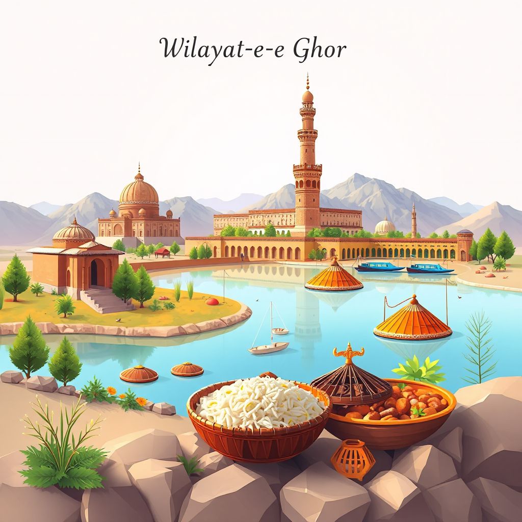 Ultra-high-definition gradient illustration style Wilayat-e Ghor illustration, showing the unique charm of the Minaret of Jam, Band-e Amir lakes.