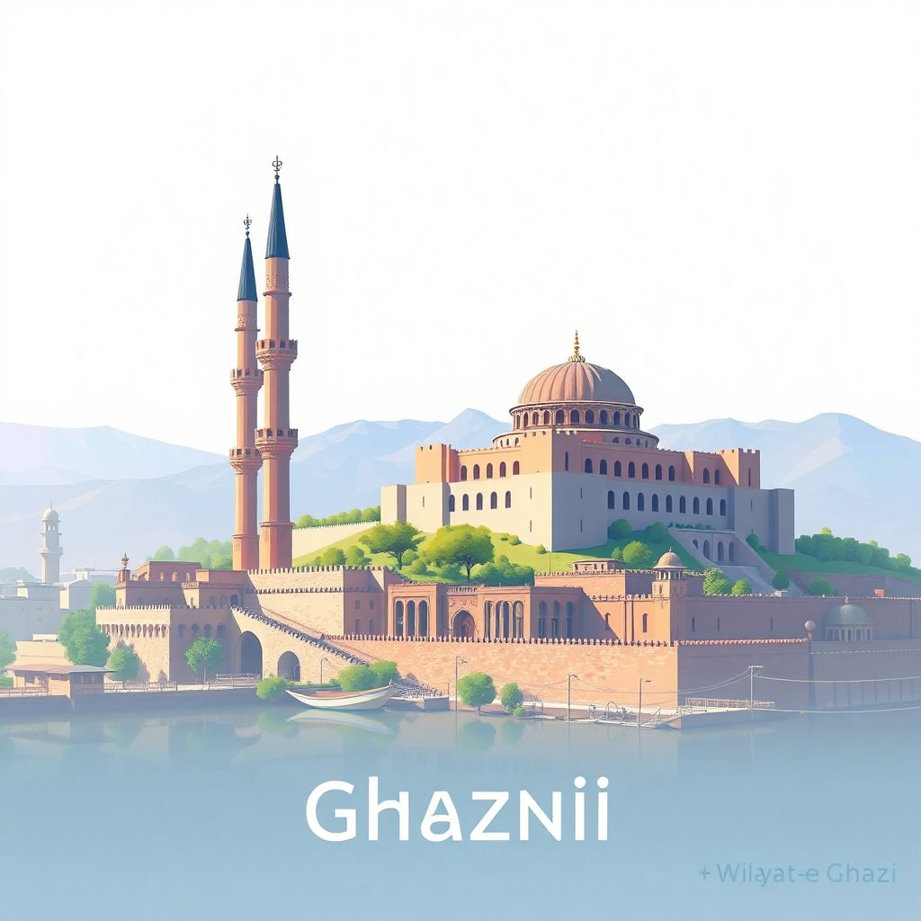 Ultra-high-definition gradient illustration style Ghazni illustration, showing the unique charm of the Minarets of Ghazni and the Citadel of Ghazni.