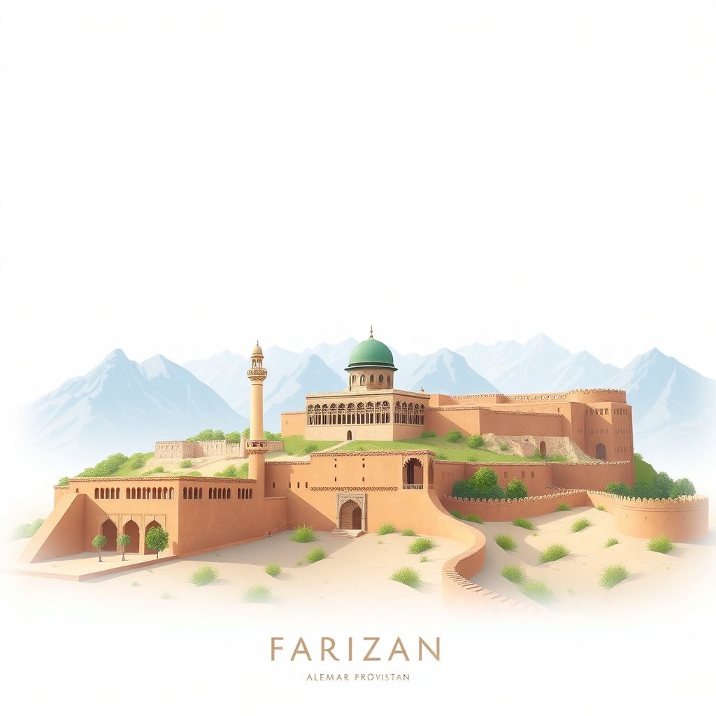 Ultra-high-definition gradient illustration of Faryab Province, featuring Maimana Palace and Almar Fortress, showcasing traditional Afghan architecture and natural landscapes.