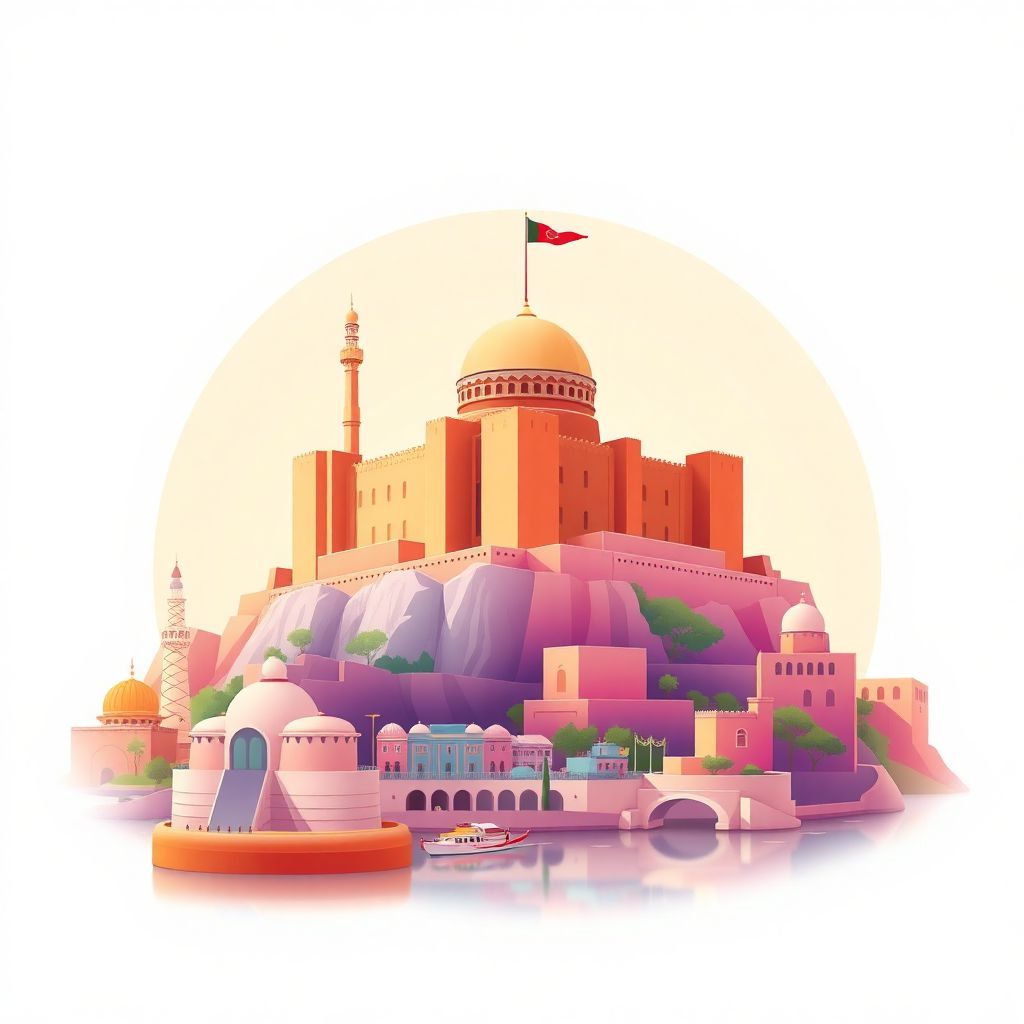 Ultra-high-definition gradient illustration of Farah, Afghanistan, featuring the Farah Citadel and the Farah River.