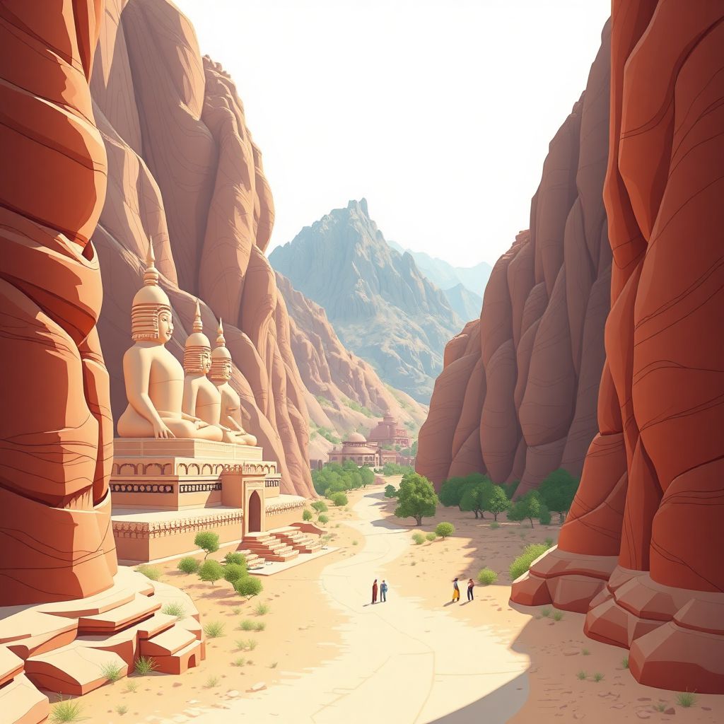 Ultra-high-definition gradient illustration style Bamyan illustration, featuring the Buddhas of Bamyan and Band-e Amir National Park.
