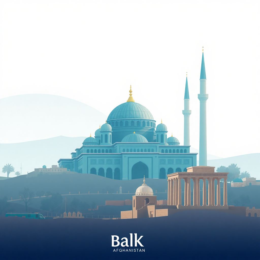 Ultra-high-definition gradient illustration of Balkh, Afghanistan, featuring the Blue Mosque and ancient city ruins.