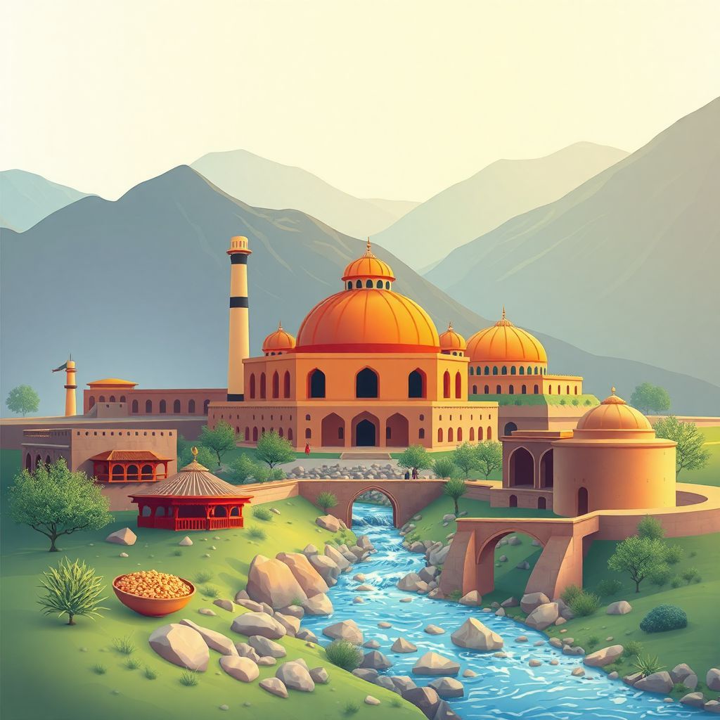 Ultra-high-definition gradient illustration of Wilayat-e Baghlan, Baghlan, Afghanistan, featuring the Baghlan Sugar Factory, Kabuli Pulao, and Surkhab River.