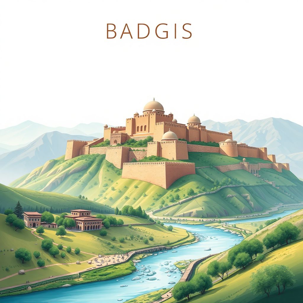 Ultra-high-definition gradient illustration of Badghis, Afghanistan, featuring Qala-e-Jangi fortress, Murghab River, and Badghis landscapes.