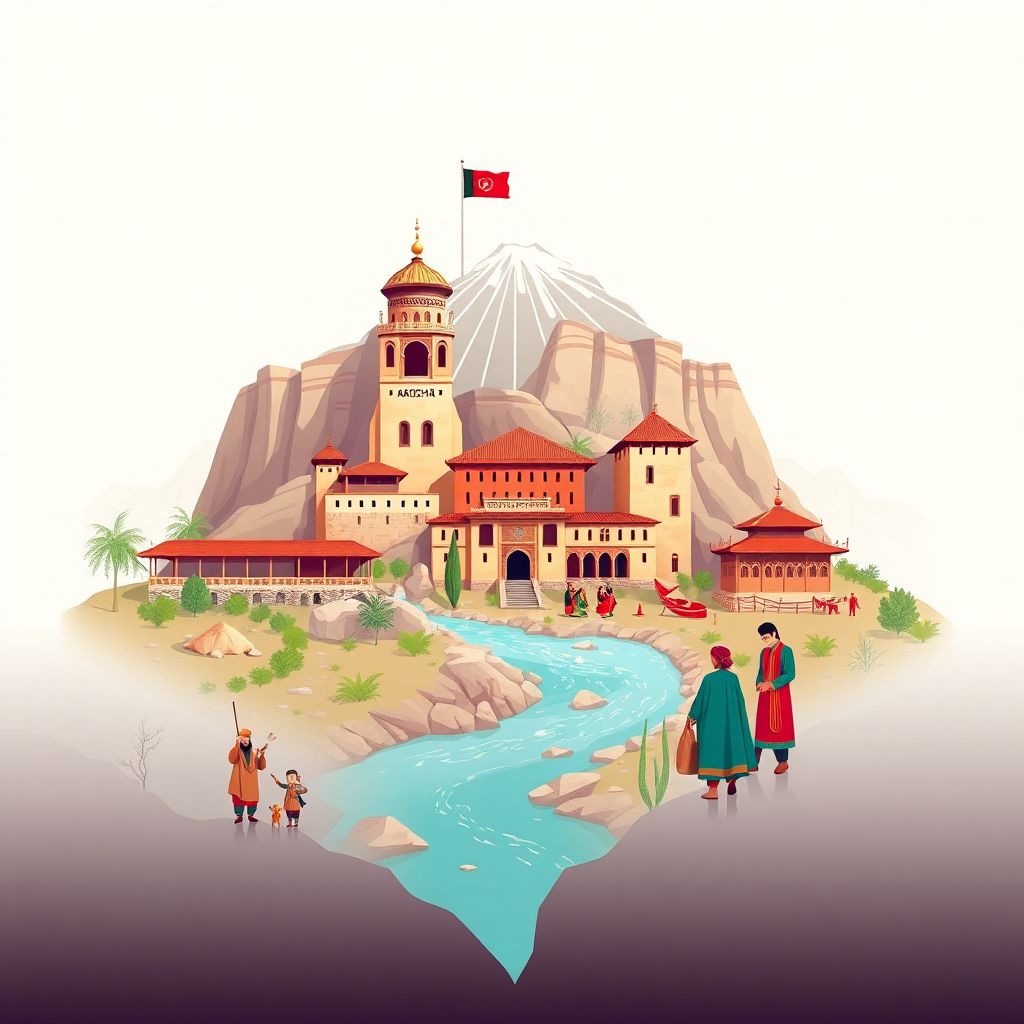 Ultra-high-definition gradient illustration style Badakhshan illustration, showcasing the Kokcha River, the Wakhan Corridor, and traditional Afghan architecture.
