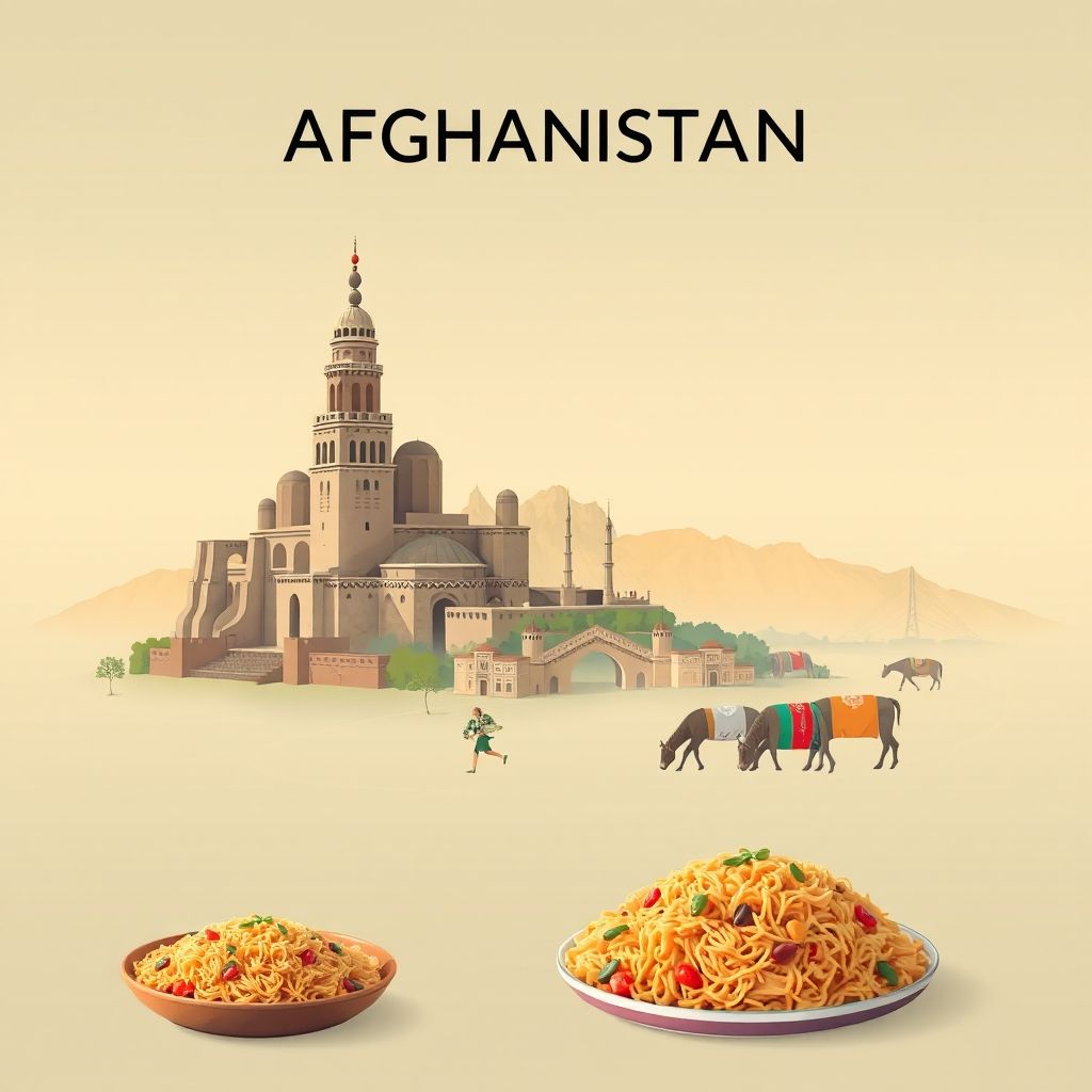 Ultra-high-definition gradient illustration style Afghanistan artwork, featuring the Minaret of Jam, the Bamiyan Valley, traditional Afghan clothing, Buzkashi, and Kabuli Pulao.