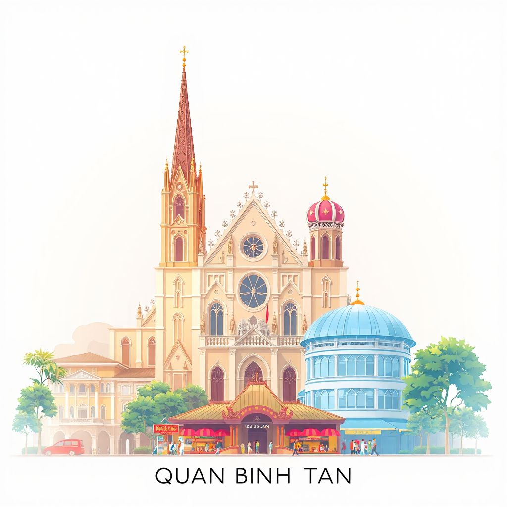 Ultra-high-definition gradient illustration style Quan Binh Tan illustration, showing the unique charm of the Saigon Notre-Dame Basilica and Ben Thanh Market.