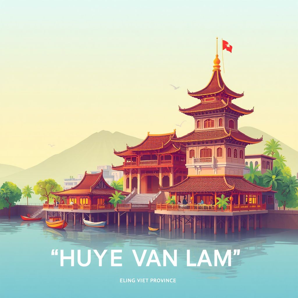 Ultra-high-definition gradient illustration style Huyen Van Lam illustration, showing the unique charm of the Van Lam Temple, the Van Lam Market, and the Van Lam River.