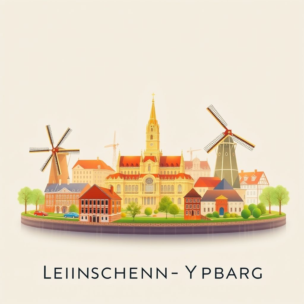 Ultra-high-definition gradient illustration of Leidschenveen-Ypenburg featuring the Peace Palace, the Binnenhof, Dutch windmills, and stroopwafel.