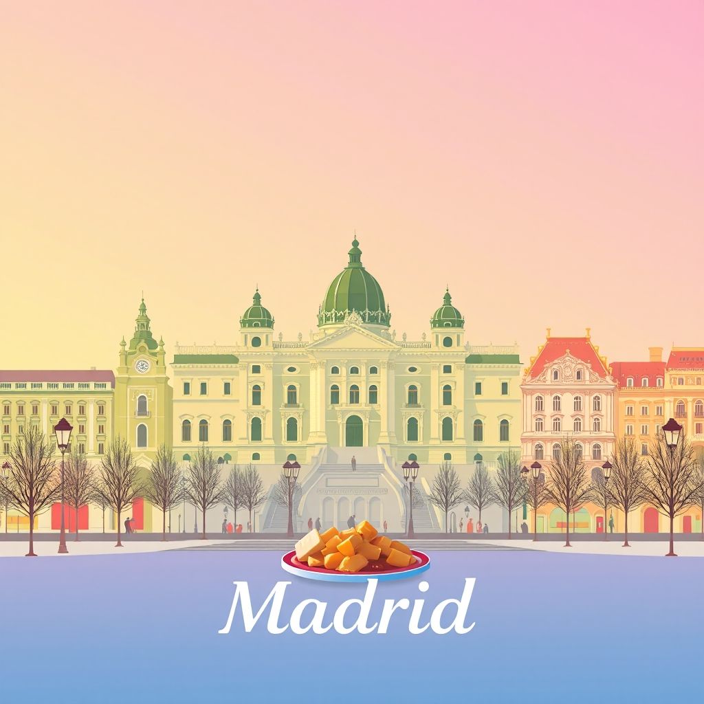 Ultra-high-definition gradient illustration of Madrid featuring the Royal Palace, Puerta del Sol, and cocido madrileño.