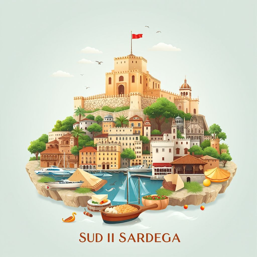 Ultra-high-definition gradient illustration style Provincia del Sud Sardegna illustration, showing the unique charm of the Castle of Acquafredda, the Costa del Sud, and traditional Sardinian cuisine.