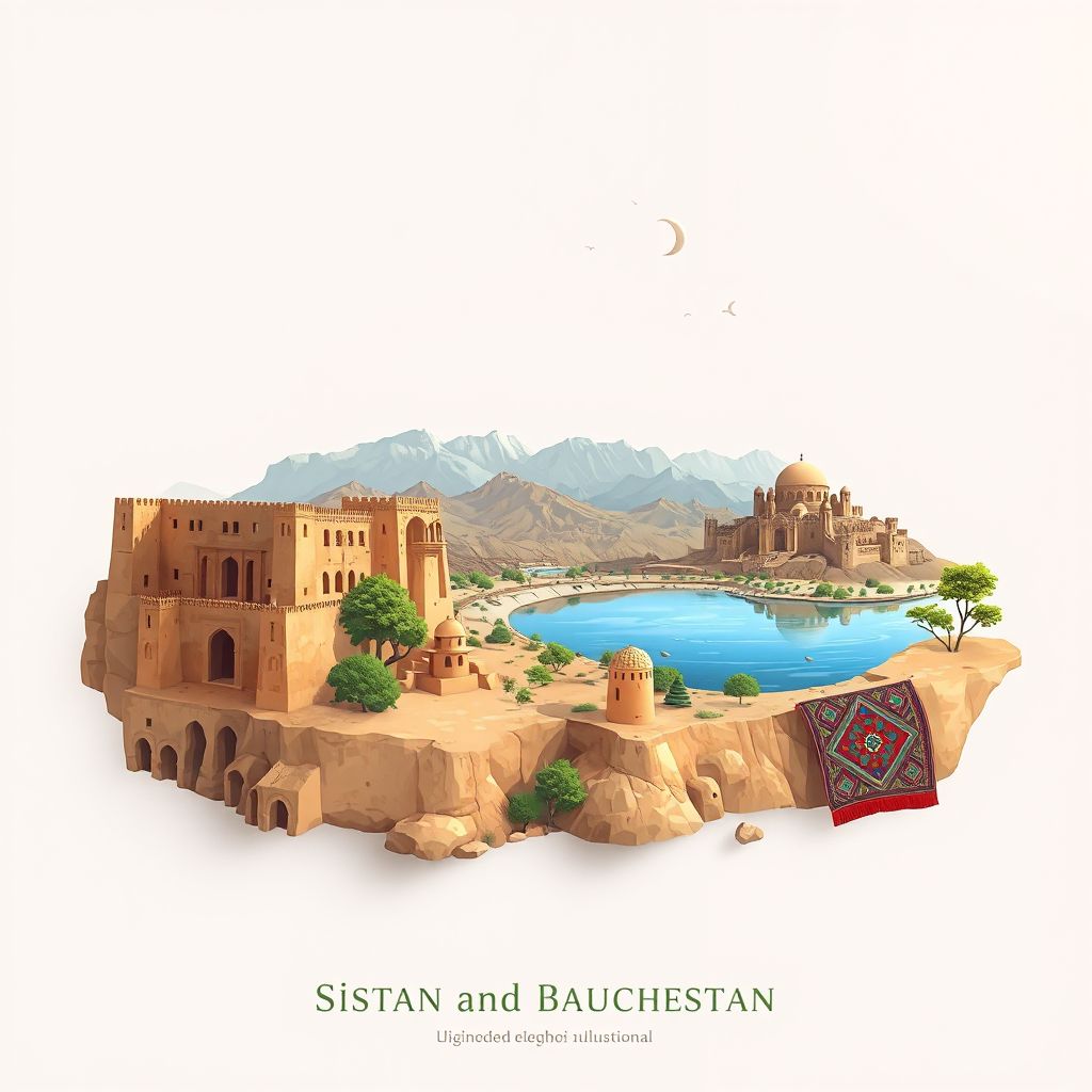 Ultra-high-definition gradient illustration of Sistan and Baluchestan Province, featuring Shahr-e Sukhteh, Hamun Lake, and Balochi embroidery.