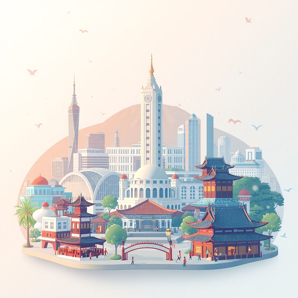 Ultra-high-definition gradient illustration style of Hsinchu County, featuring the Hsinchu Science Park, Hsinchu City Hall, night market, and local food like stinky tofu.