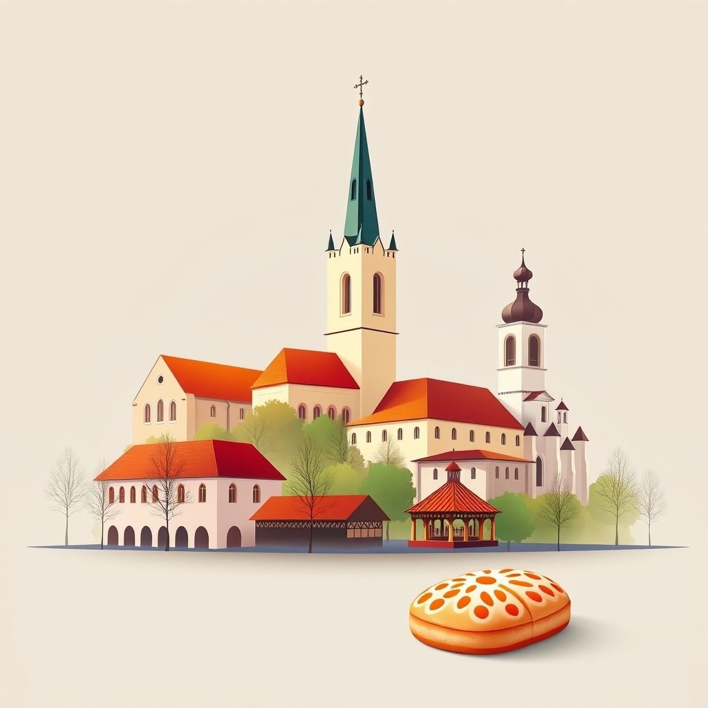 Ultra-high-definition gradient illustration of Radovesnice II, featuring the Church of St. Procopius, the Kolin Synagogue, and Trdelník.