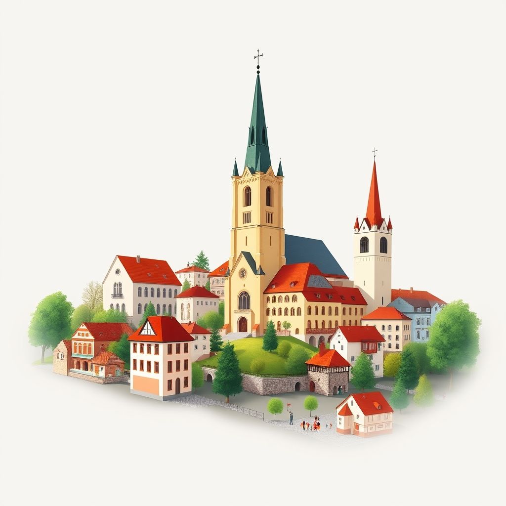 Ultra-high-definition gradient illustration of Lomnice nad Popelkou, featuring the Church of St. Nicholas, historic town square, traditional folk costumes, and 'bramboraky'.