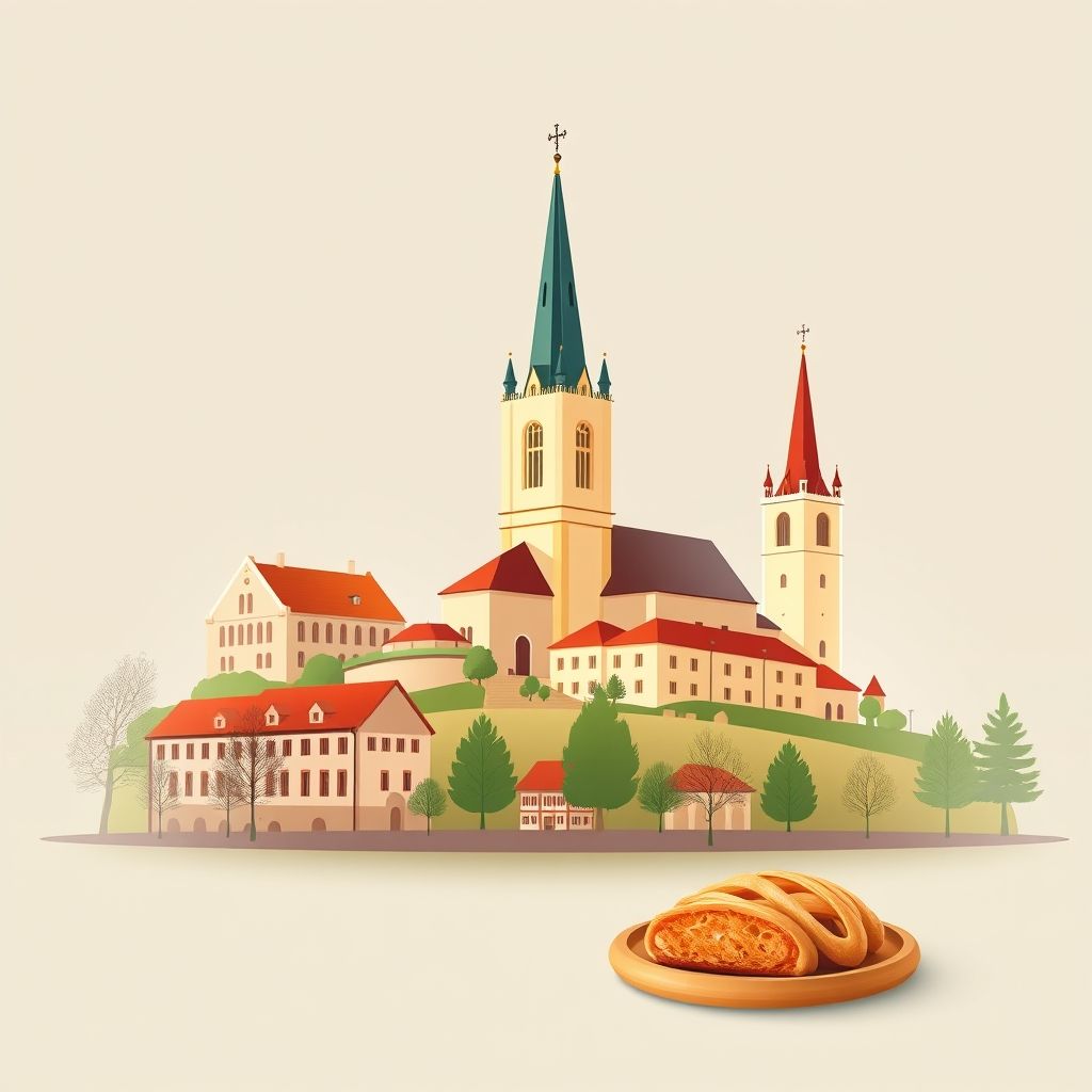 Ultra-high-definition gradient illustration of Trutnov, Czechia, featuring the Church of the Assumption of the Virgin Mary, the Trutnov Battlefield, and Trdelník.