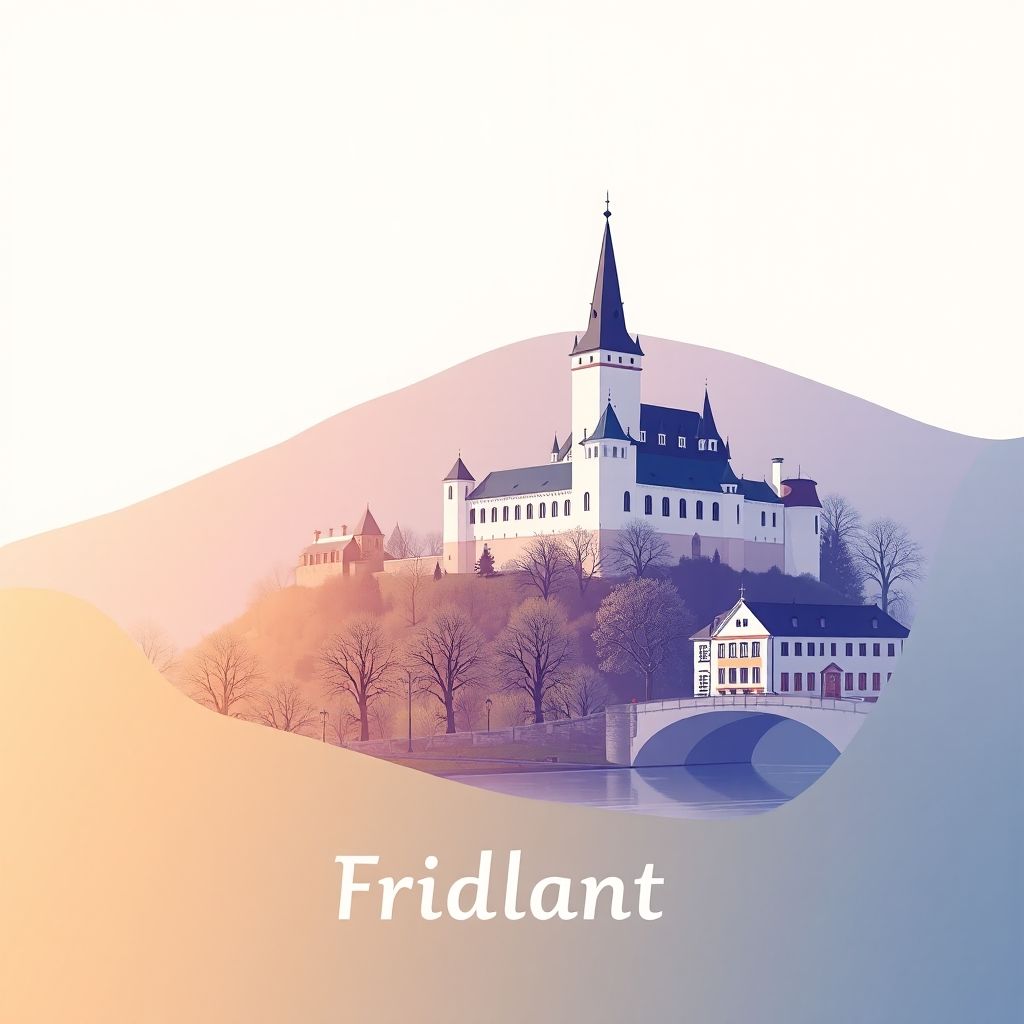 Gradient illustration of Frýdlant nad Ostravicí featuring Frýdlant nad Ostravicí Castle, Ostravice River, and local specialty Frgál.