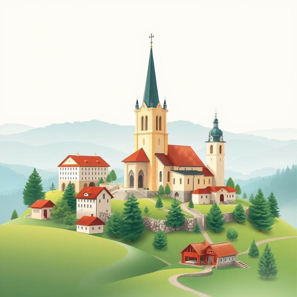 Ultra-high-definition gradient illustration of Javorník, featuring the Church of St. Lawrence, the White Carpathians, and Bryndza cheese.