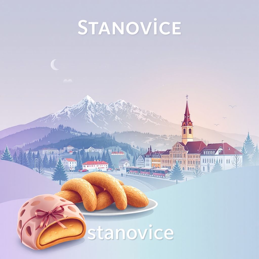 Ultra-high-definition gradient illustration of Stanovice, featuring Krkonoše Mountains, Trutnov city center, and Trdelník.