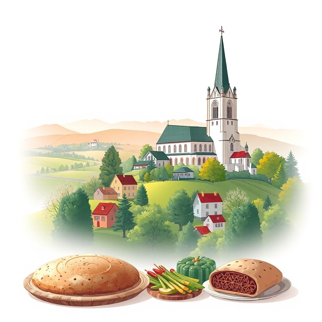 Ultra-high-definition gradient illustration of Prosetín, featuring the Church of St. Procopius, countryside, and koláče.