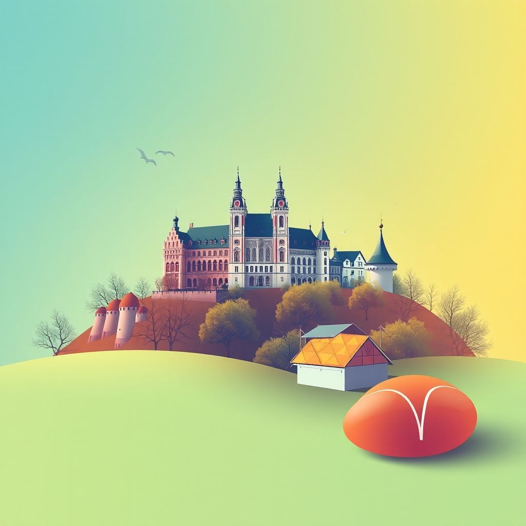 Ultra-high-definition gradient illustration of Rohovládova Bělá, featuring Pardubice Chateau, Polabina Landscape Protected Area, and trdelník pastry.