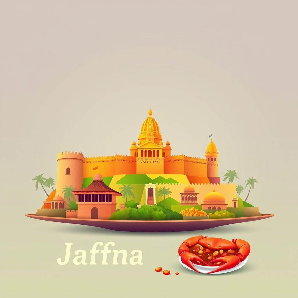 Ultra-high-definition gradient illustration of Jaffna District, Northern Province, Sri Lanka, featuring Jaffna Fort, Nallur Kandaswamy Temple, and Jaffna crab curry.