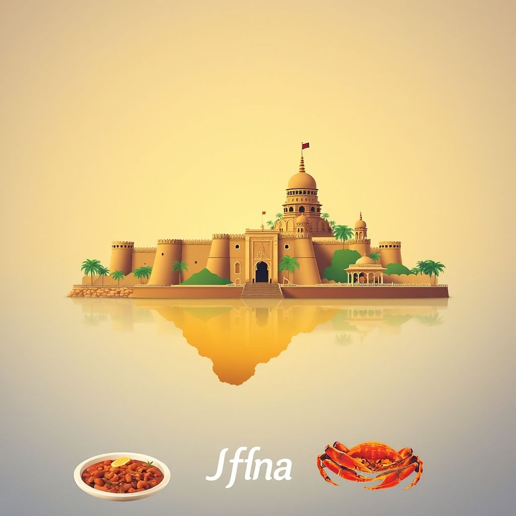 Ultra-high-definition gradient illustration of Jaffna District, Northern Province, Sri Lanka, featuring Jaffna Fort, Nallur Kandaswamy Temple, and Jaffna crab curry.