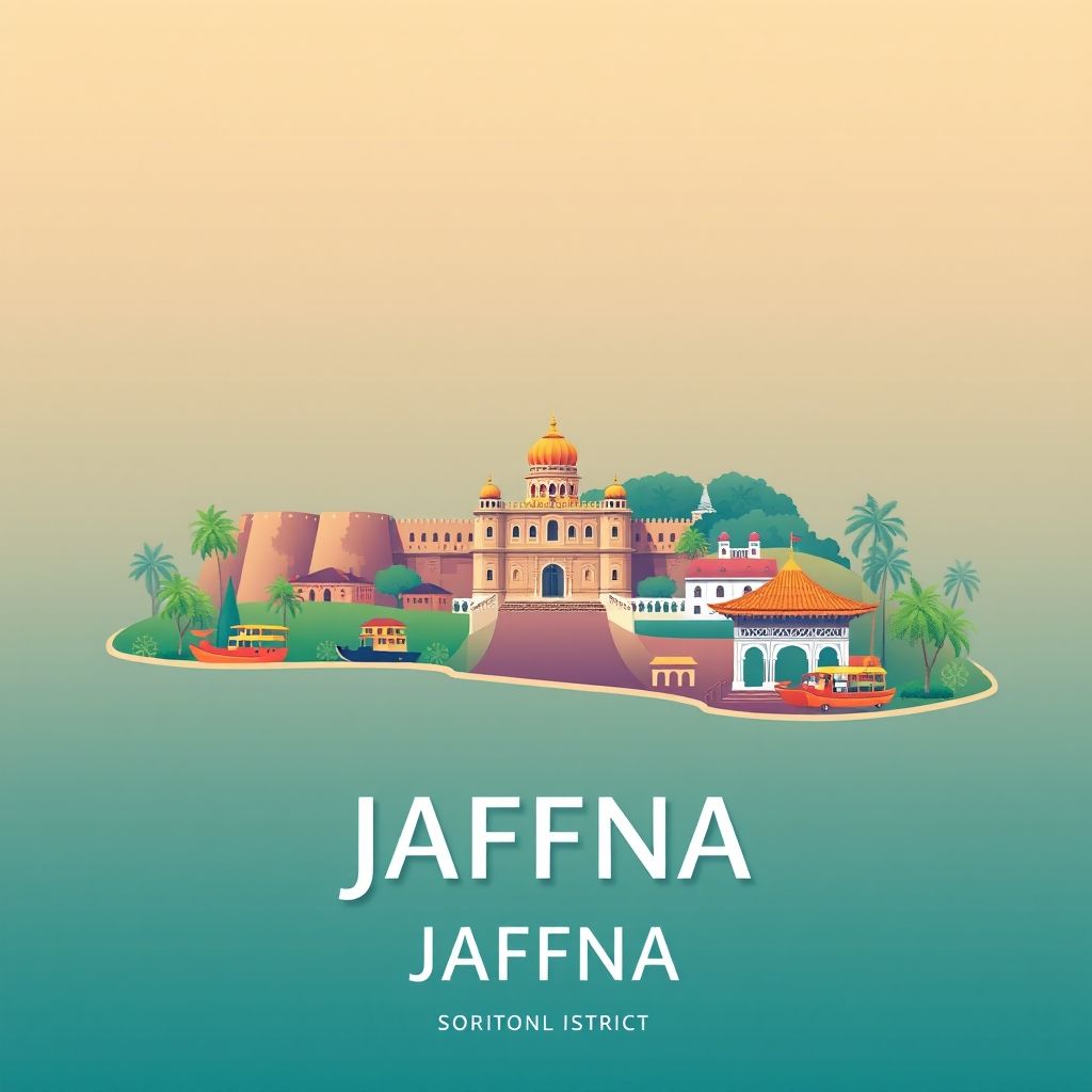 Ultra-high-definition gradient illustration of Jaffna District, Northern Province, Sri Lanka, featuring Jaffna Fort, Nallur Kandaswamy Temple, and Jaffna crab curry.