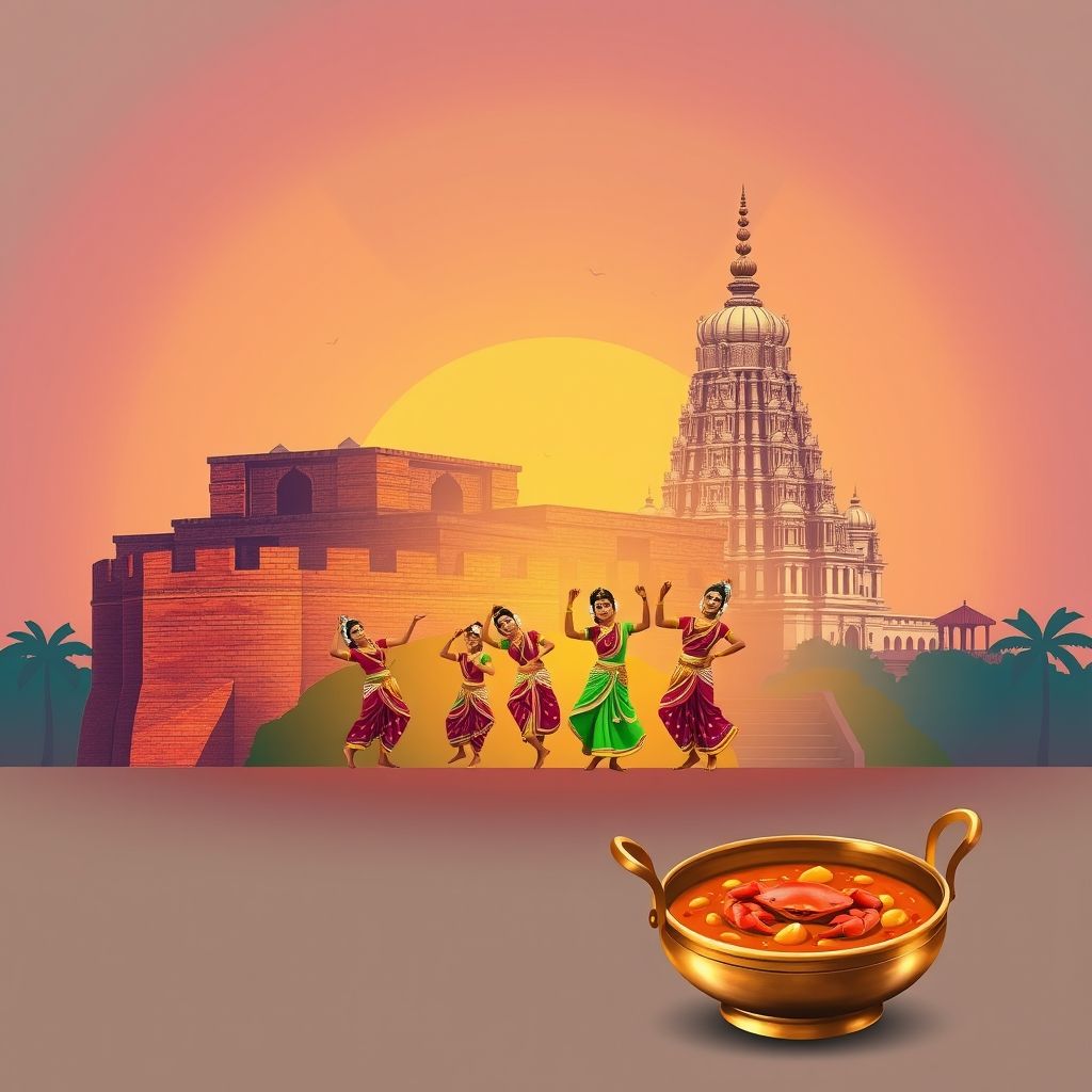 Ultra-high-definition gradient illustration of Jaffna District, Northern Province, Sri Lanka, featuring Jaffna Fort, Nallur Kandaswamy Temple, traditional dancers, and Jaffna crab curry.