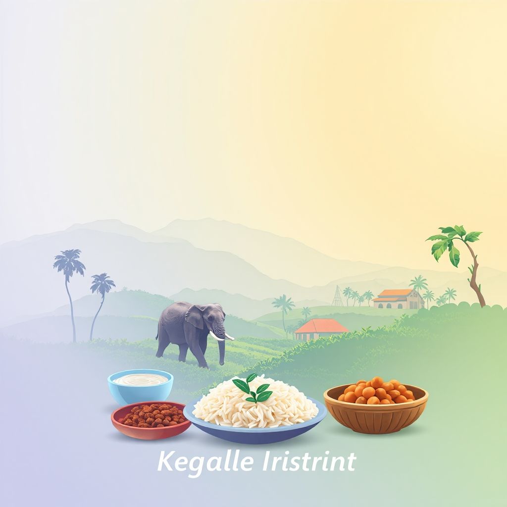 High-definition gradient illustration of Kegalle District, featuring the Pinnawala Elephant Orphanage, tea plantations, and local foods like milk rice and lamprais.