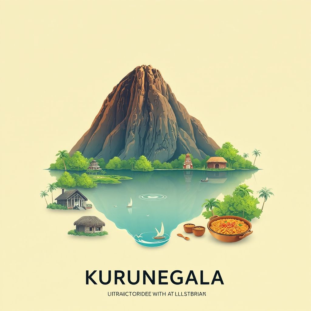 Ultra-high-definition gradient illustration of Kurunegala District, featuring Kurunegala Rock, Kurunegala Lake, ancient rock inscriptions, and local cuisine like rice and curry.