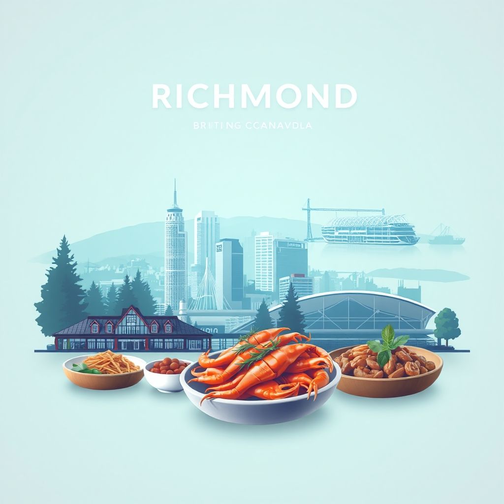 Gradient illustration of Richmond, British Columbia, Canada, featuring Steveston Village, the Richmond Olympic Oval, and fresh seafood.