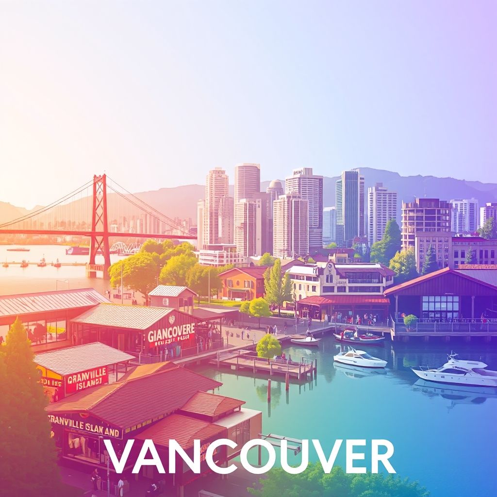Ultra-high-definition gradient illustration of Vancouver featuring the Lions Gate Bridge, Stanley Park, and Granville Island's market.