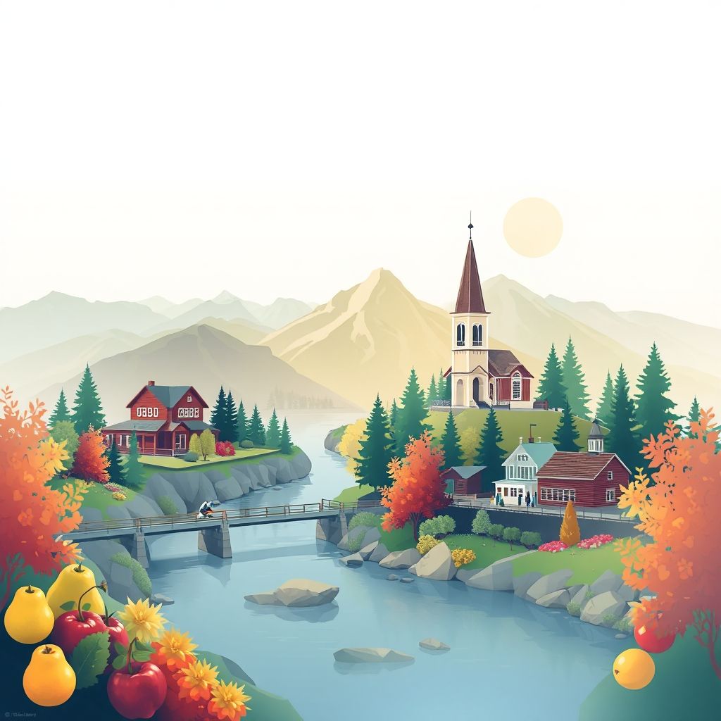 Ultra-high-definition gradient illustration of Montrose, British Columbia, featuring the Kootenay River, Fruitvale Museum, and local fresh fruit.