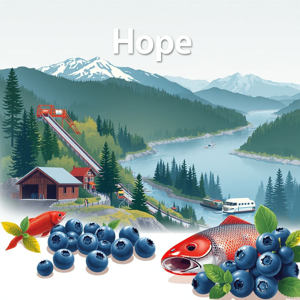 Ultra-high-definition gradient illustration of Hope, British Columbia, featuring the Hope Slide, Othello Tunnels, Fraser River, Cascade Mountains, and local specialties like salmon and blueberries.