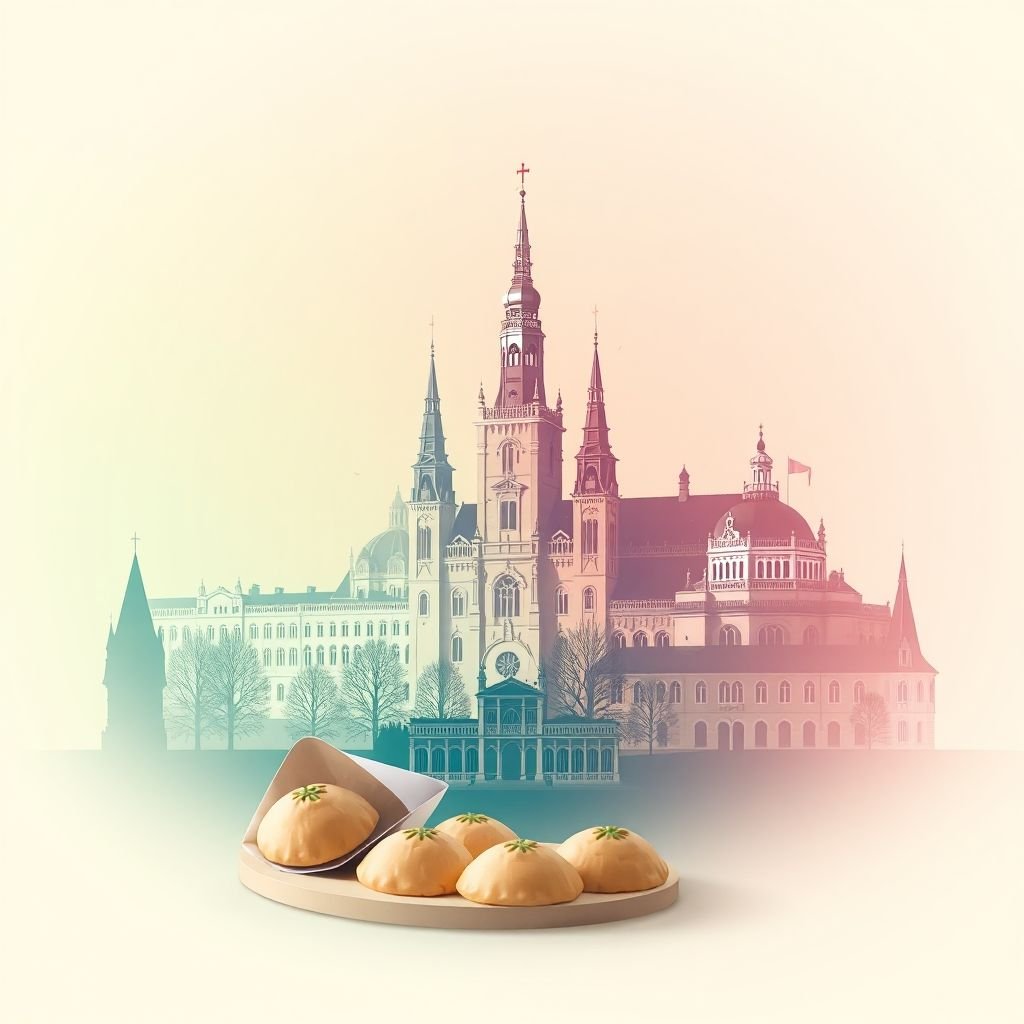 Ultra-high-definition gradient illustration of Wroclaw, featuring the Wroclaw Town Hall, Centennial Hall, and pierogi.