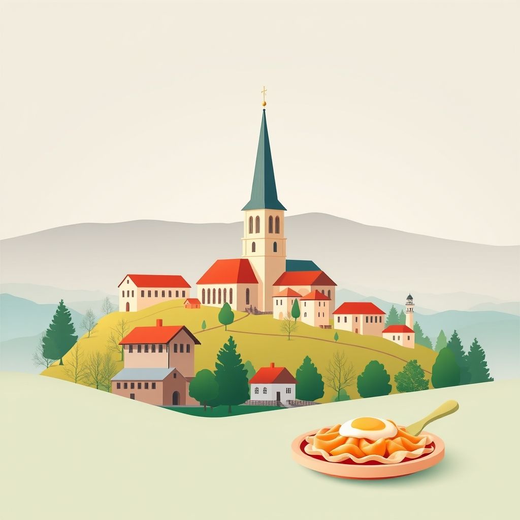 Ultra-high-definition gradient illustration of Udiča, Slovakia, featuring the historic church, scenic countryside, and bryndzové halušky.