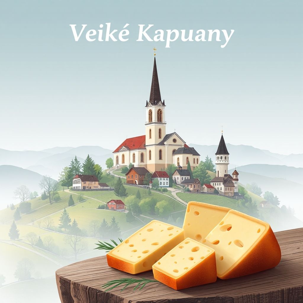 Ultra-high-definition gradient illustration of Veľké Kapušany, featuring the Church of St. John the Baptist, countryside, and Bryndza cheese.