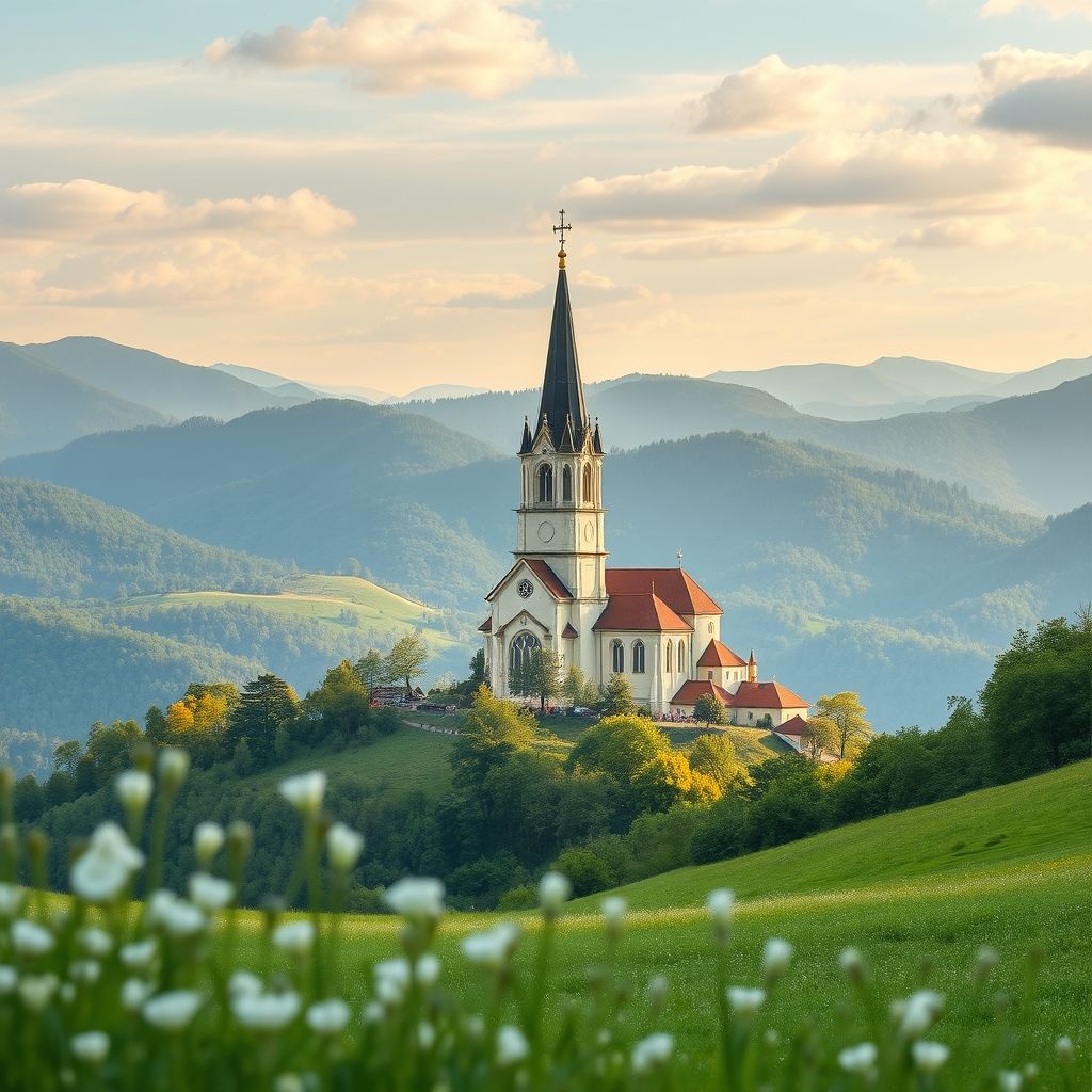 Ultra-high-definition gradient illustration of Bystré, Slovakia, featuring the Church of St. Michael the Archangel, Slanské vrchy mountains, and bryndzové halušky.